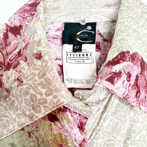 Just Cavalli Pink Green Floral Printed Satin Button Down Shirt Blouse Size 42 - Picture 6 of 11